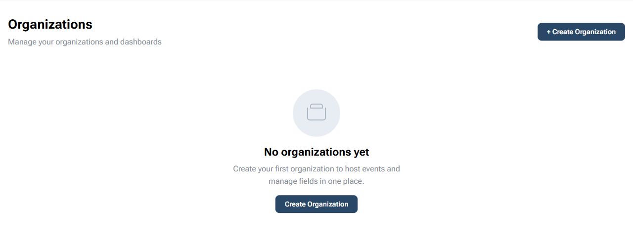 BracketIQ Organizations page showing the Create Organization entry point