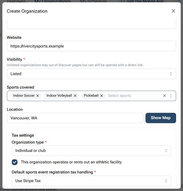 BracketIQ Create Organization form showing sports, location, visibility, and tax settings