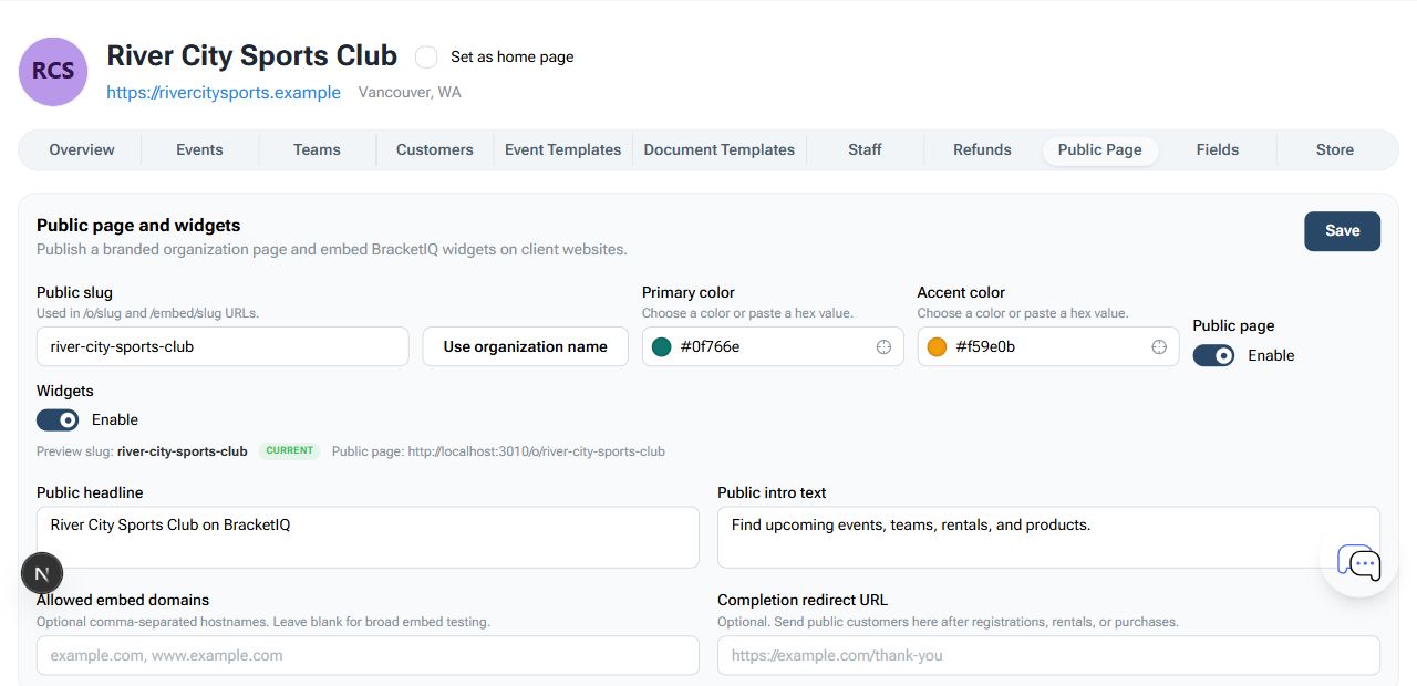 BracketIQ Public Page tab showing slug, brand colors, public page enablement, widgets, headline, and intro text