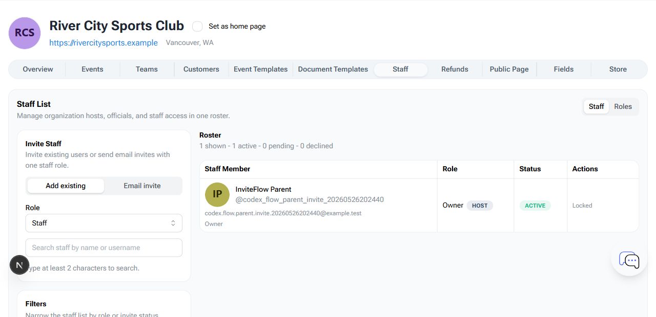 BracketIQ Staff tab showing invite controls, role selection, roster filters, and staff roster
