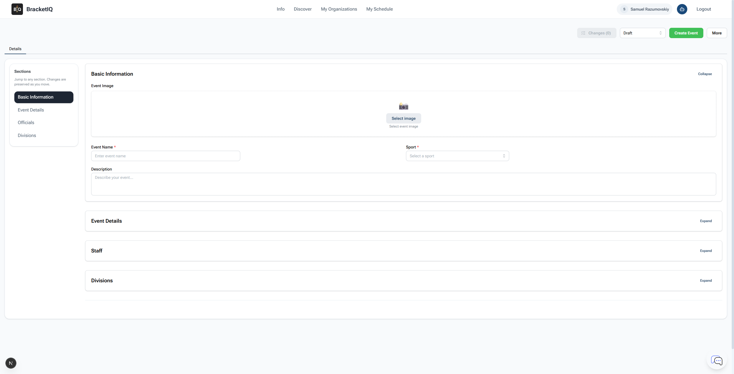 Blank BracketIQ tournament create screen before editing