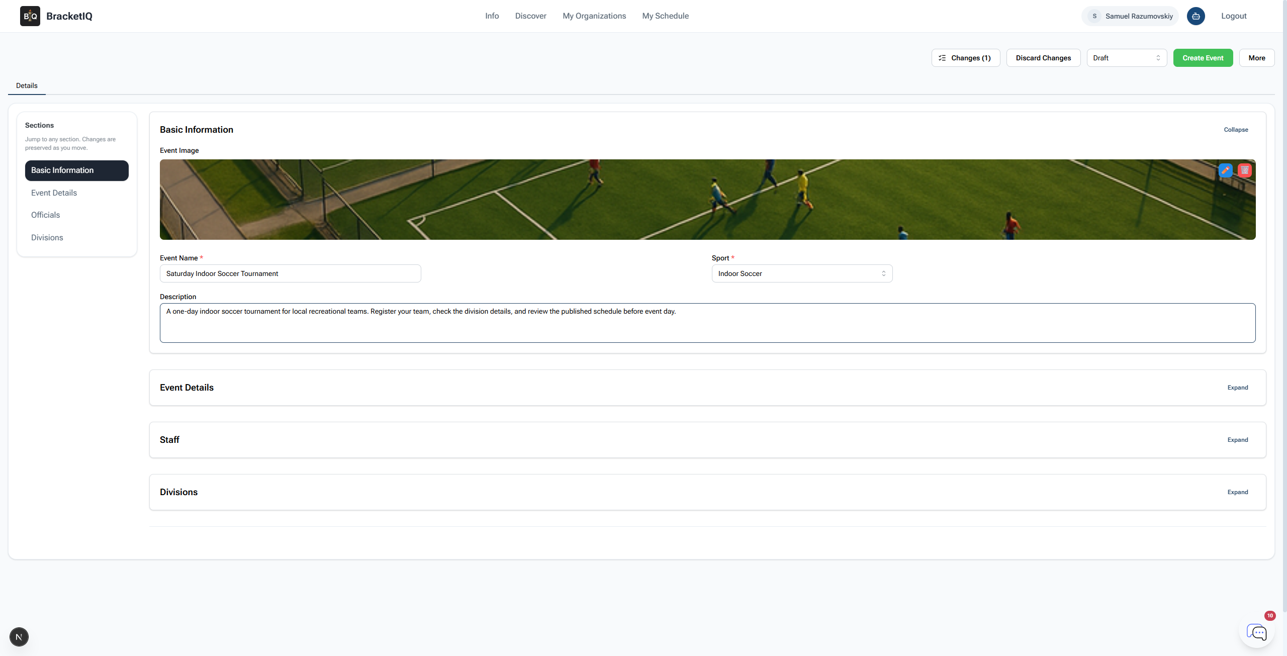 Basic tournament information completed with image, sport, title, and description