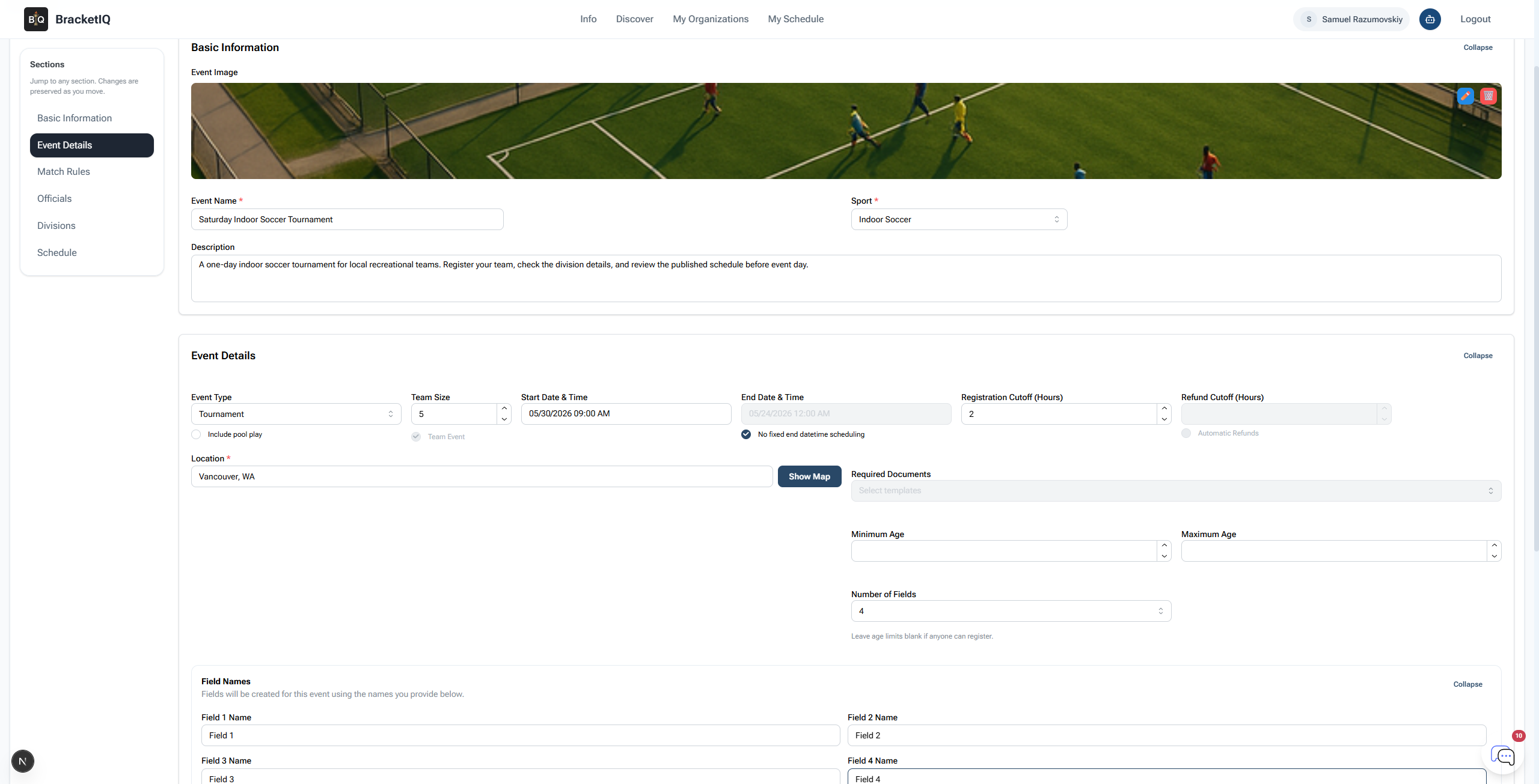 Tournament details completed with tournament type, team size, location, and fields