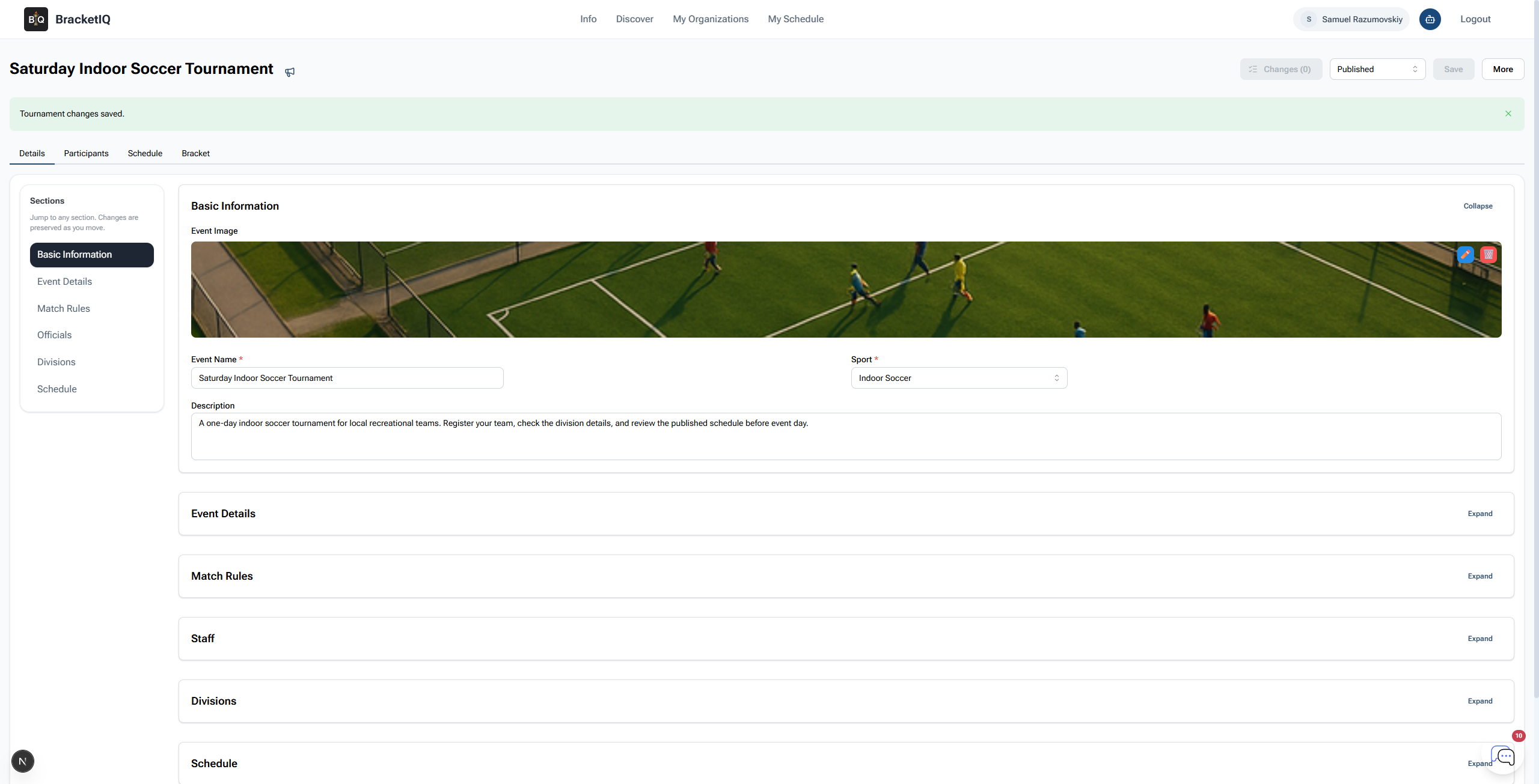 Published tournament saved with confirmation in BracketIQ
