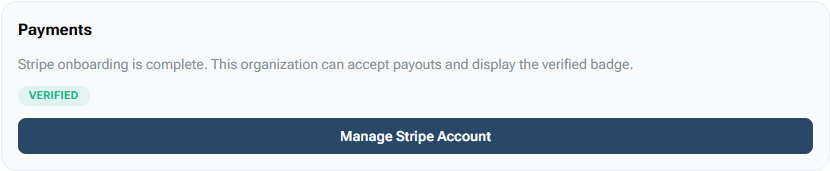 BracketIQ organization payments card showing verified payment processing and payout readiness