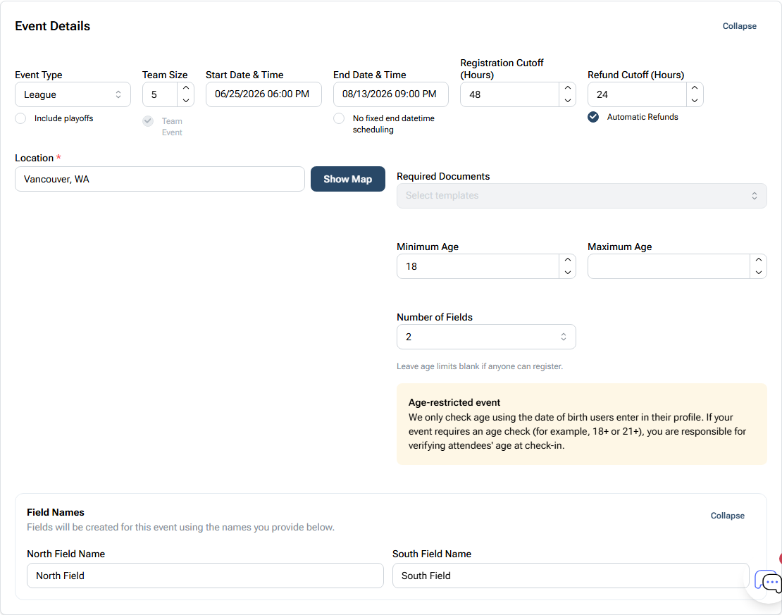 BracketIQ league Event Details showing league type, team size, registration cutoff, refund cutoff, age limit, and field names