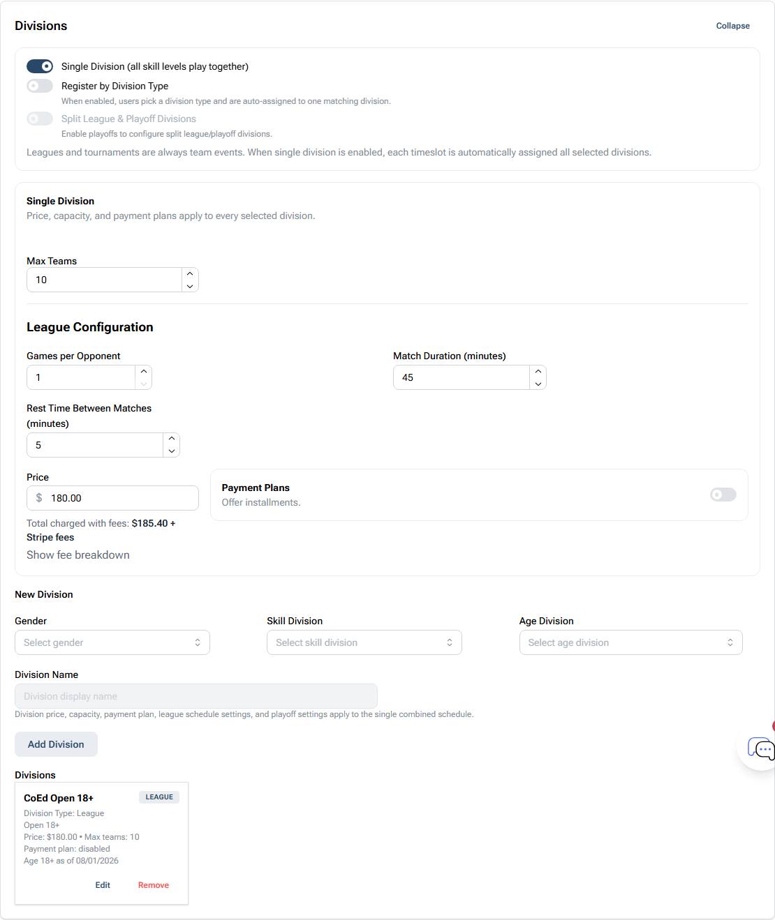 BracketIQ league division settings showing single division registration, max teams, league configuration, and team price