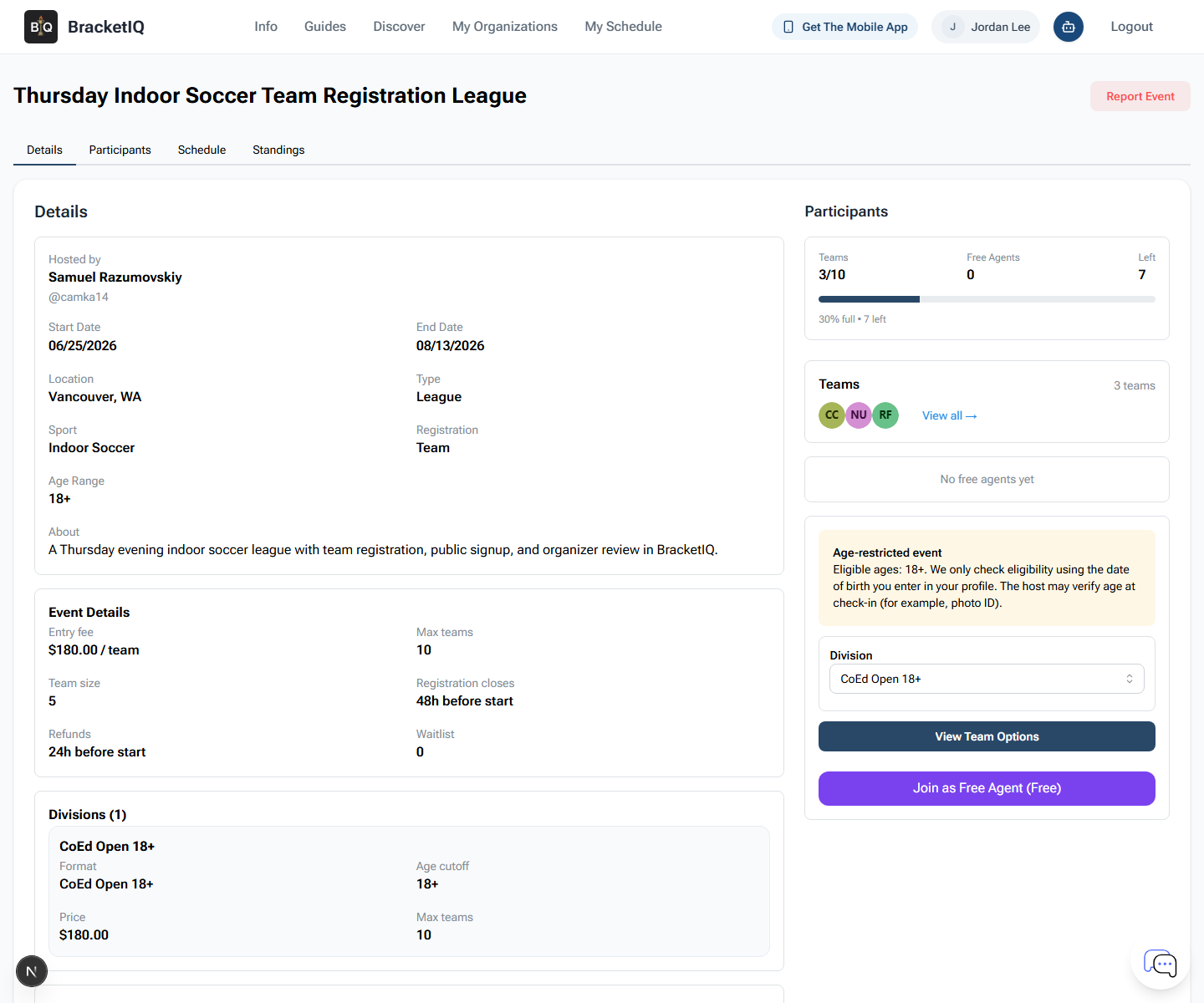 Public BracketIQ league page showing team registration details, division price, team capacity, participant count, and free-agent access