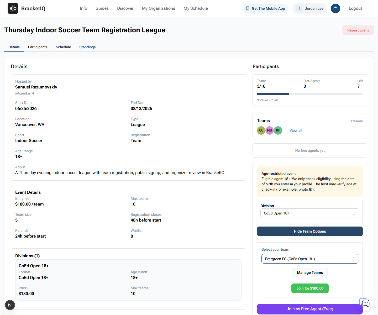 BracketIQ public league page showing captain team options with Evergreen FC selected and the paid team join button