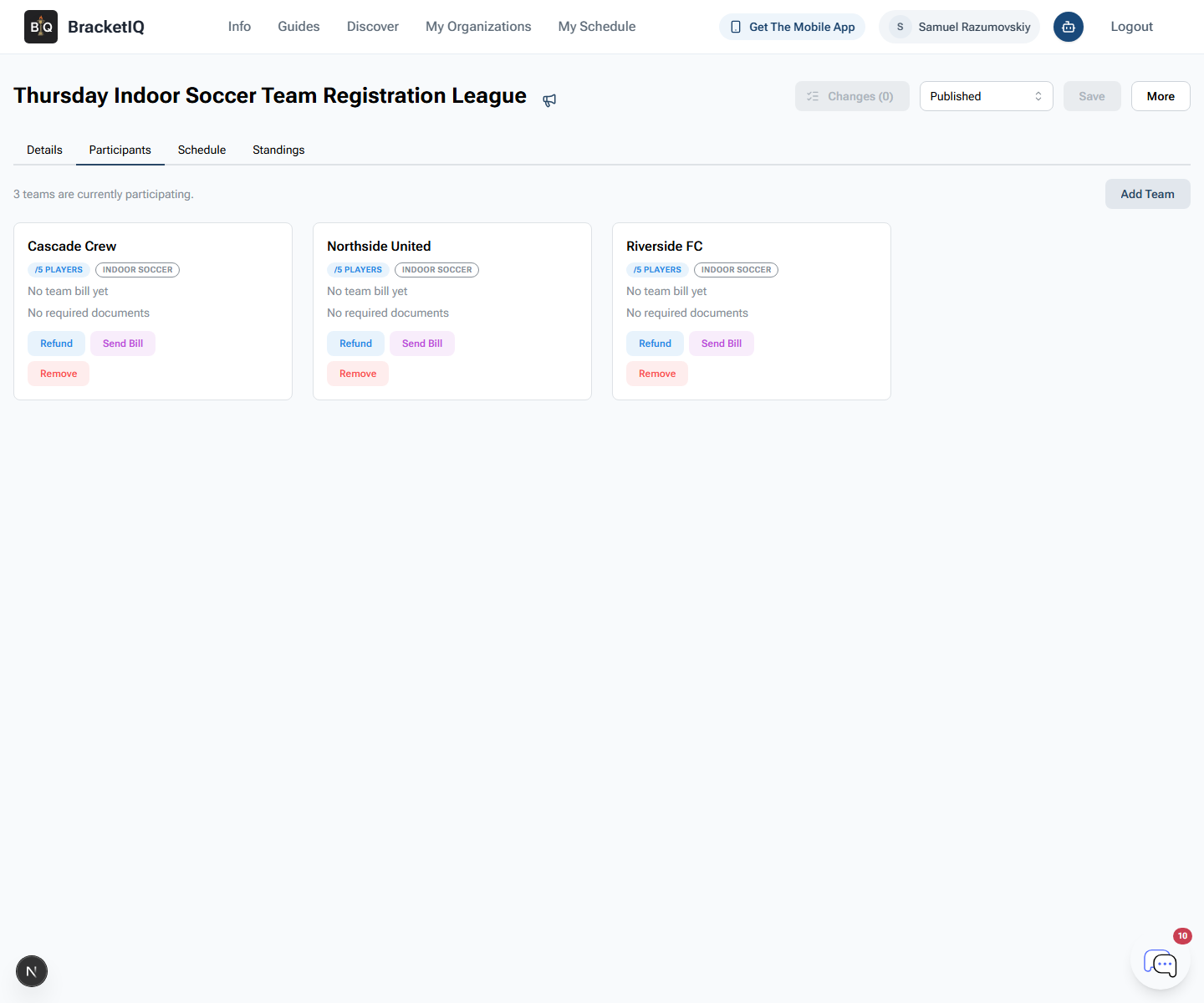 BracketIQ league Participants tab showing three registered indoor soccer teams, no team bills yet, document status, and billing actions