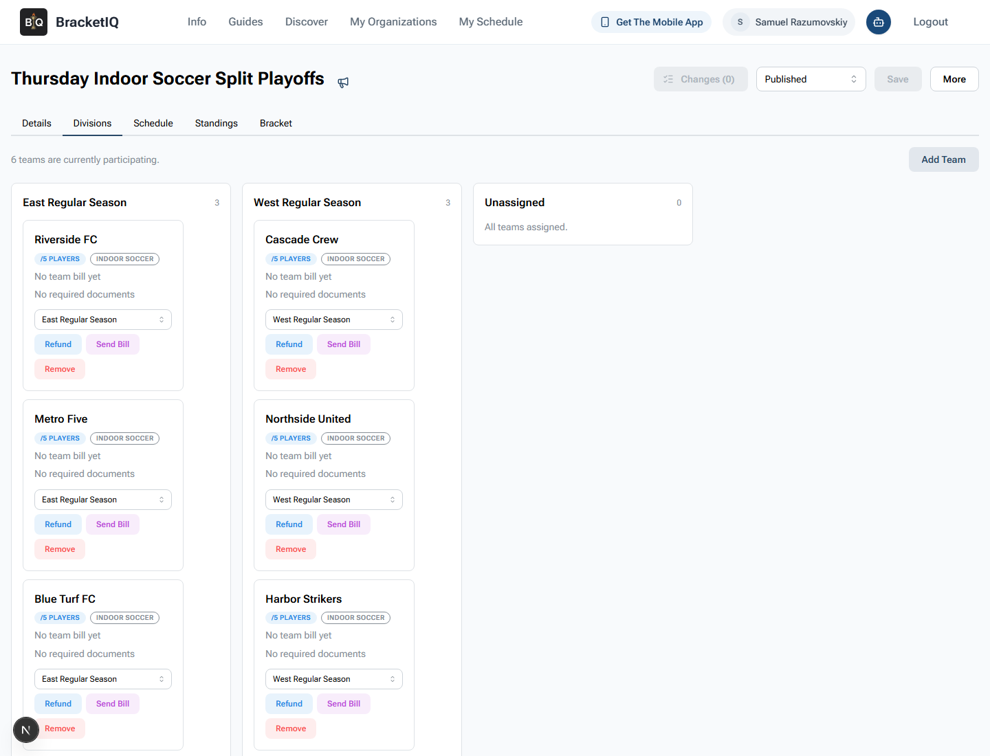 BracketIQ Divisions tab showing six indoor soccer teams assigned to East Regular Season and West Regular Season columns
