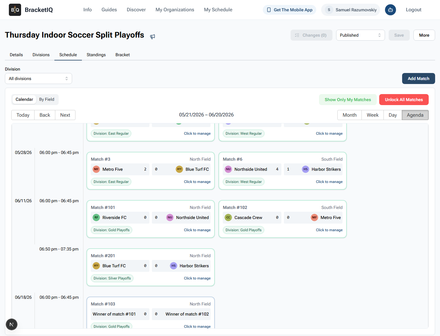 BracketIQ Schedule tab in Agenda view showing East and West regular-season matches feeding Gold and Silver playoff matches