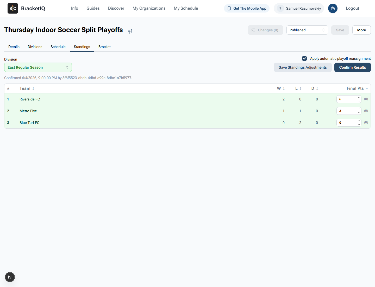 BracketIQ Standings tab showing confirmed East Regular Season standings and automatic playoff reassignment controls