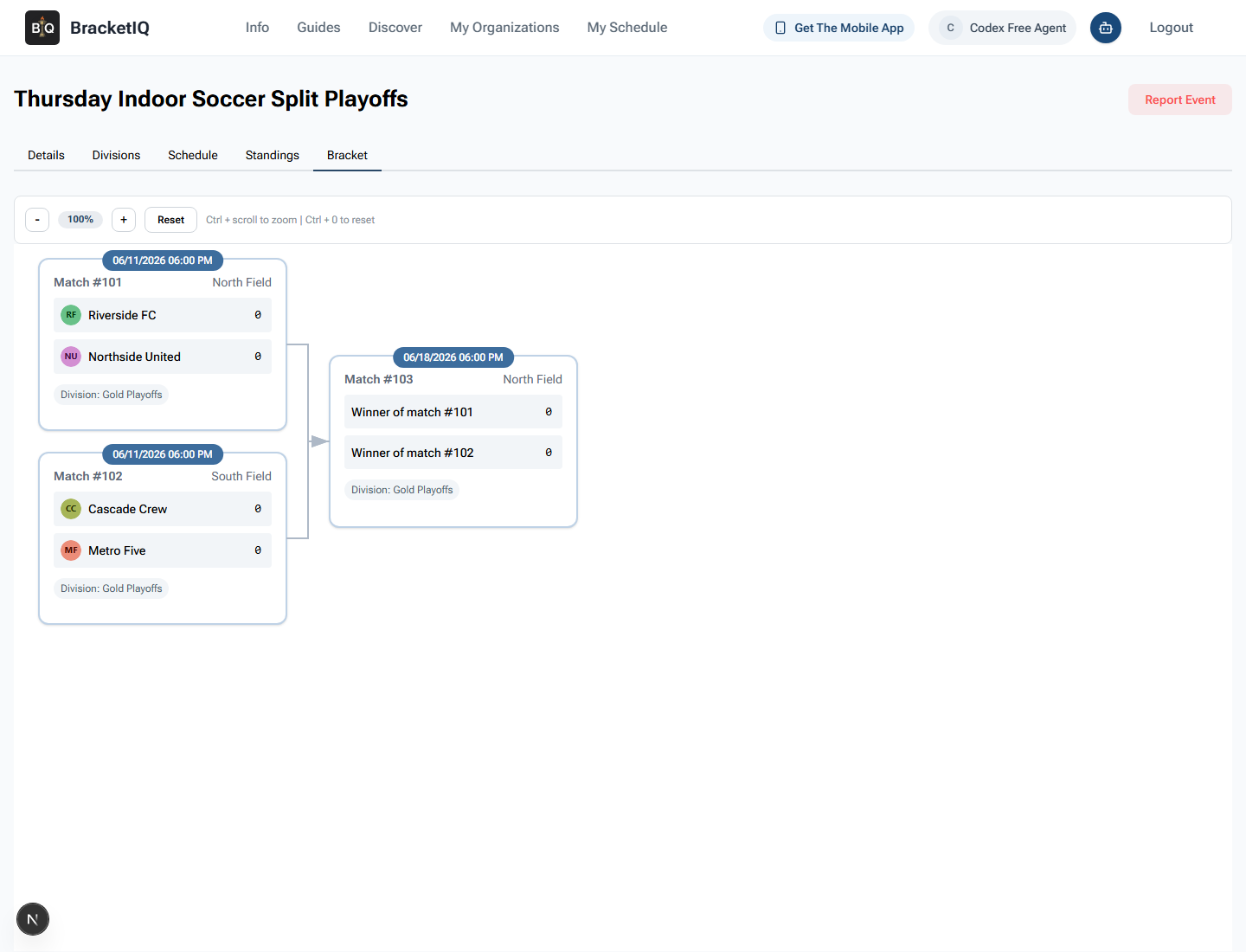 Participant-facing BracketIQ bracket showing the Gold Playoffs bracket without organizer-only match controls