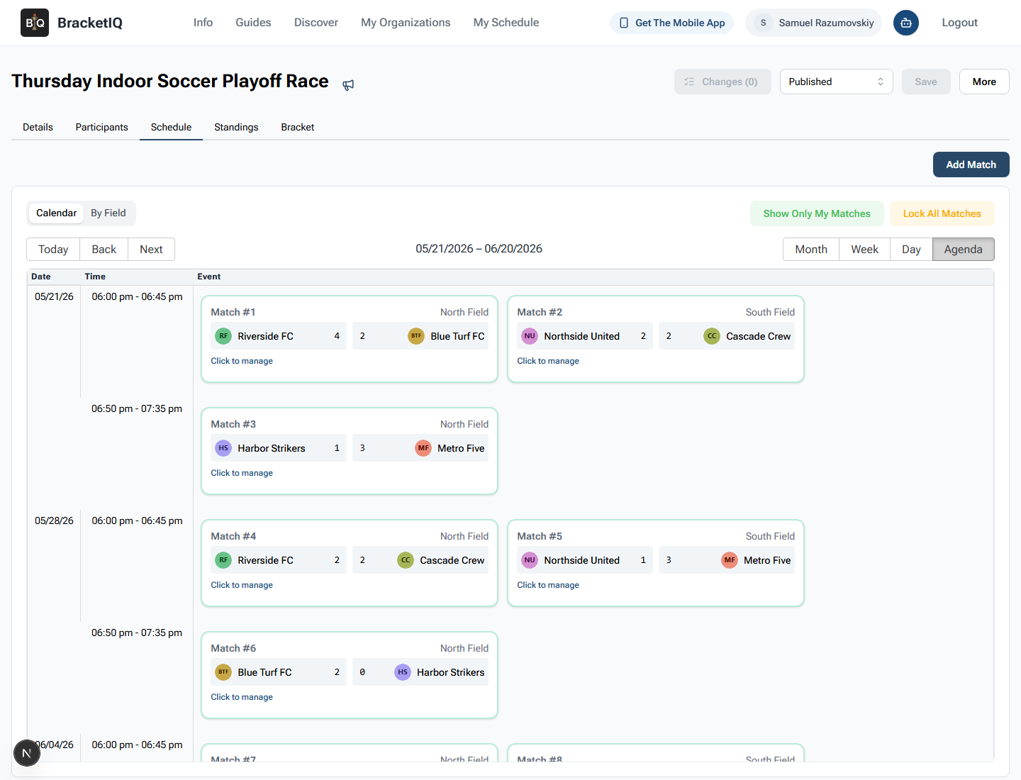 BracketIQ league Schedule tab in Agenda view showing completed indoor soccer match results