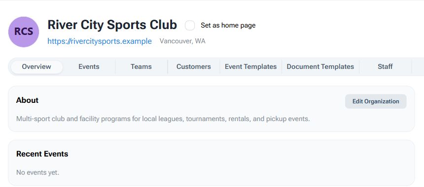BracketIQ facility overview showing the organization profile, management tabs, and shared workspace