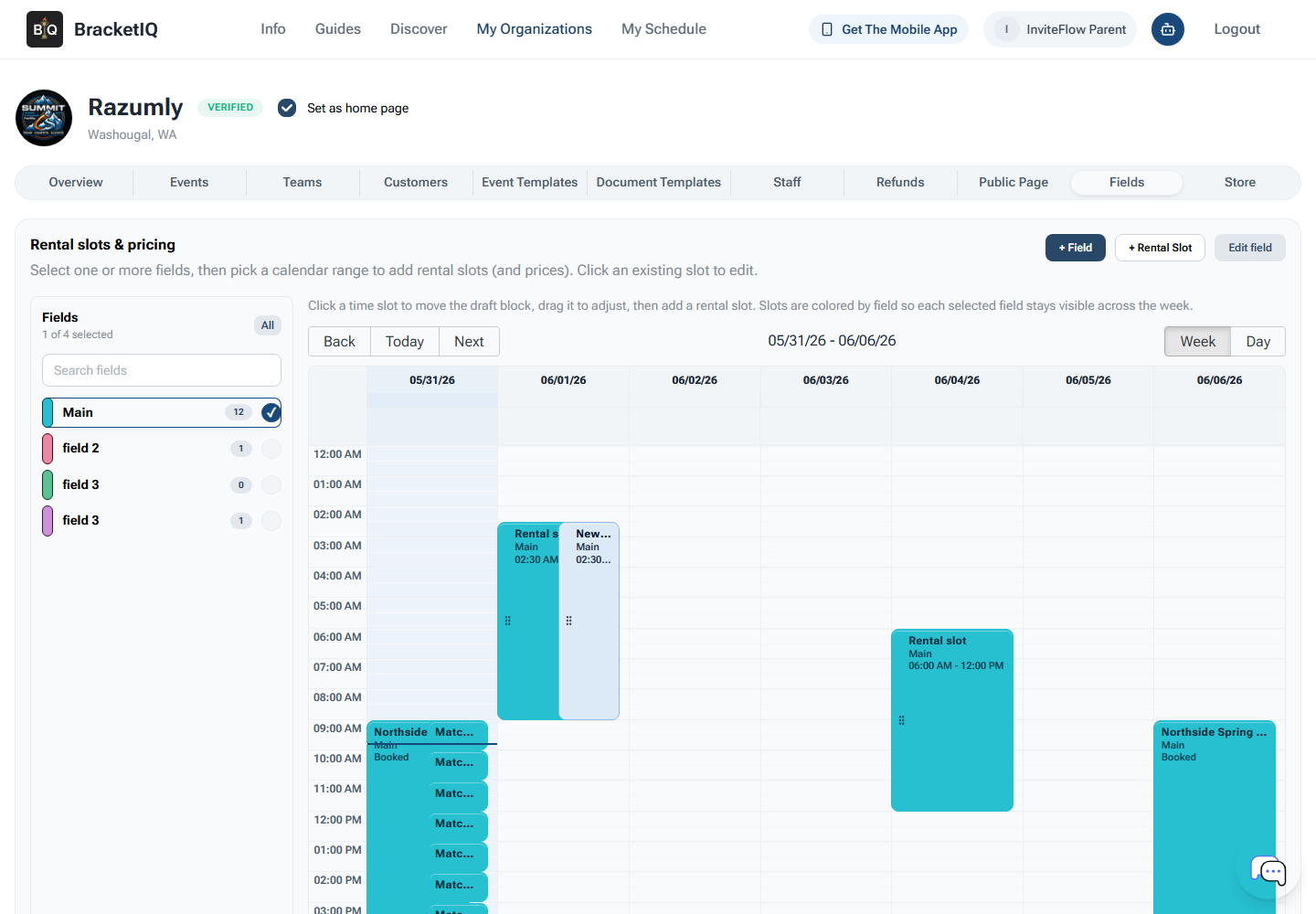 BracketIQ Fields tab showing facility fields, courts, rental settings, and management controls
