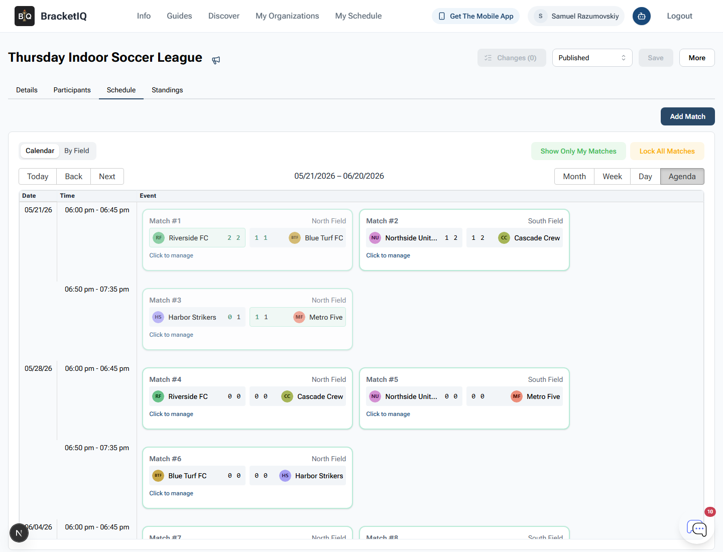 BracketIQ Agenda schedule view showing match order, times, teams, and court or field assignments