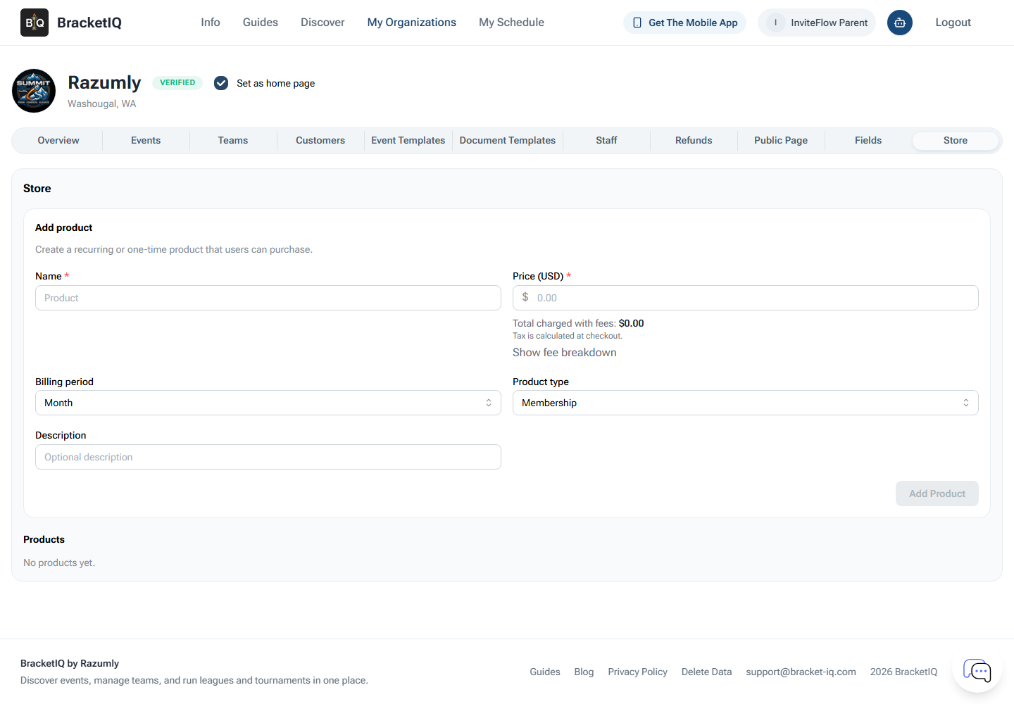 BracketIQ Store tab showing facility products, passes, pricing, and payment readiness
