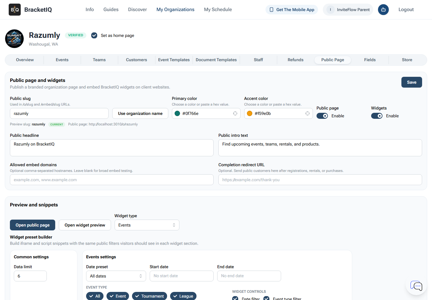 BracketIQ Public Page tab showing facility public page settings, widget snippets, preview links, and embed options