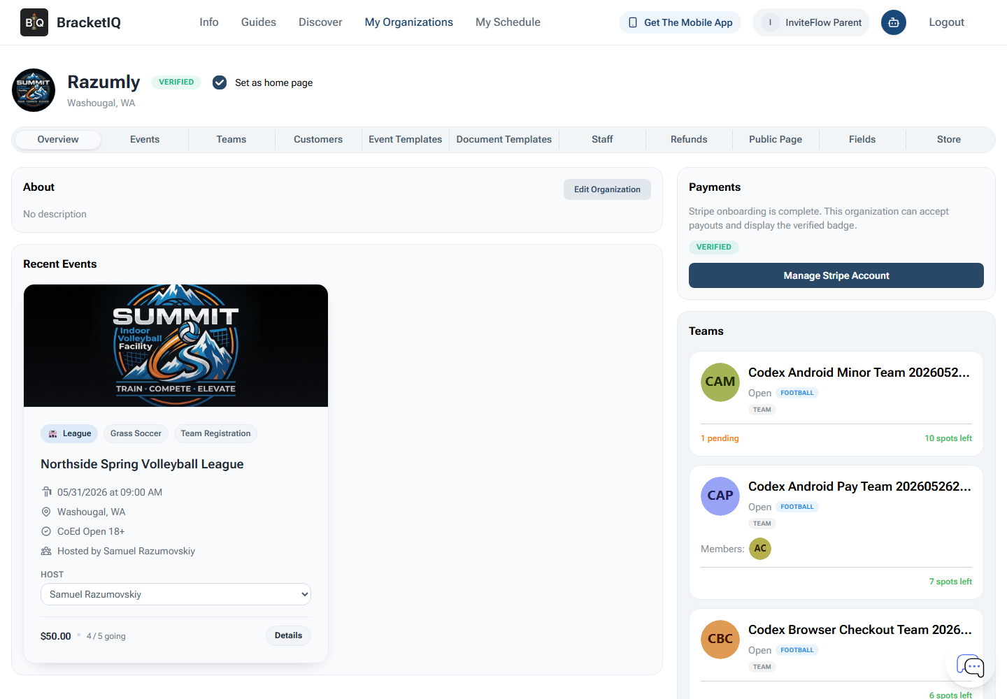 BracketIQ facility organization overview showing management tabs, recent events, payments, teams, and staff areas