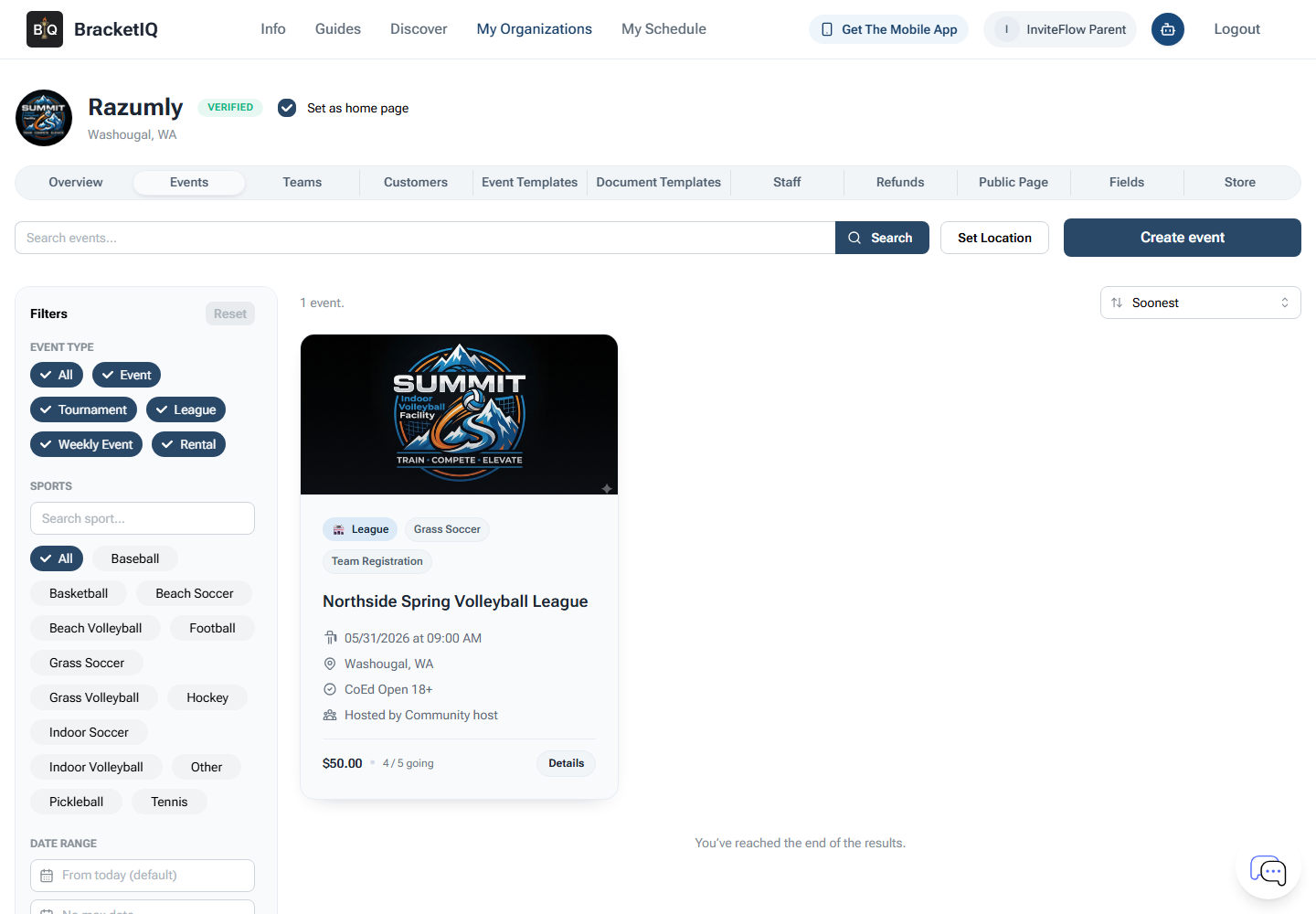 BracketIQ Events tab showing facility-hosted events and filters