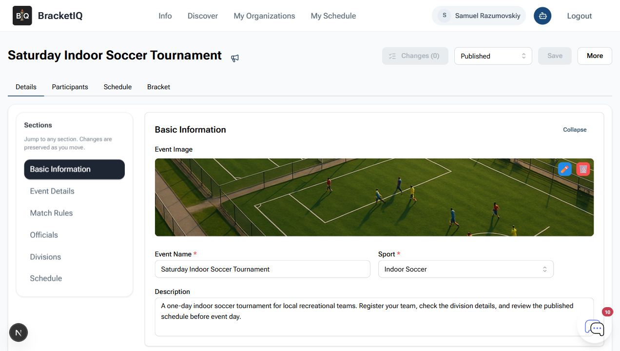 Published BracketIQ tournament dashboard with Details, Participants, Schedule, and Bracket tabs