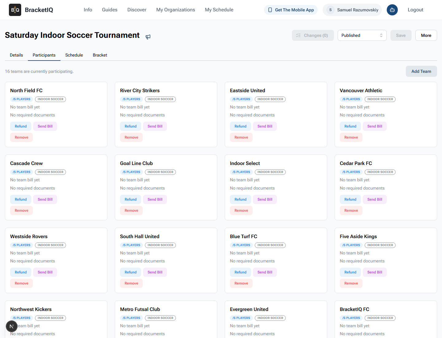 Participants tab showing active registered teams for a BracketIQ tournament