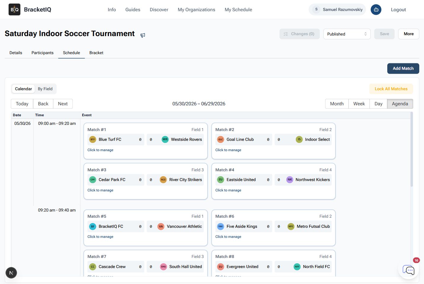 Schedule tab showing BracketIQ tournament matches in Agenda view by field and time