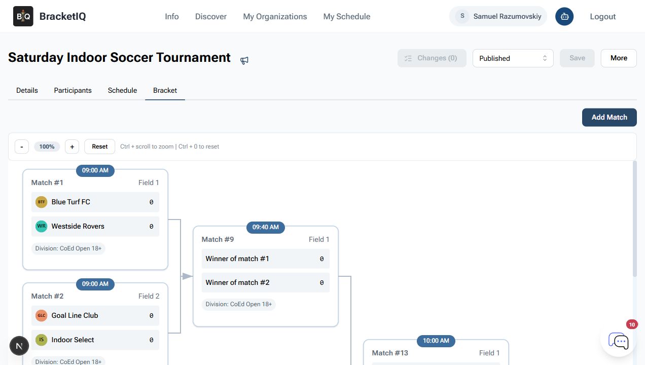 Bracket tab showing the tournament bracket and advancement paths in BracketIQ