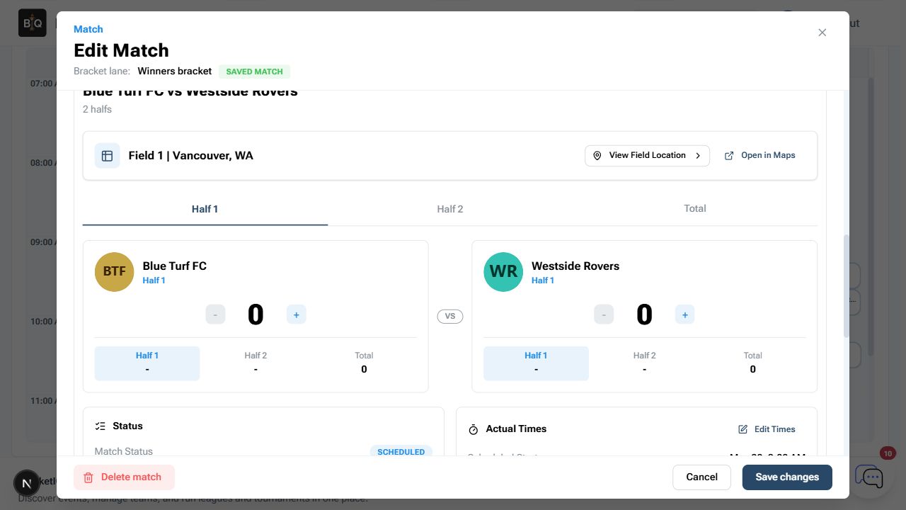 Match editor showing score controls and match operations for a BracketIQ tournament match