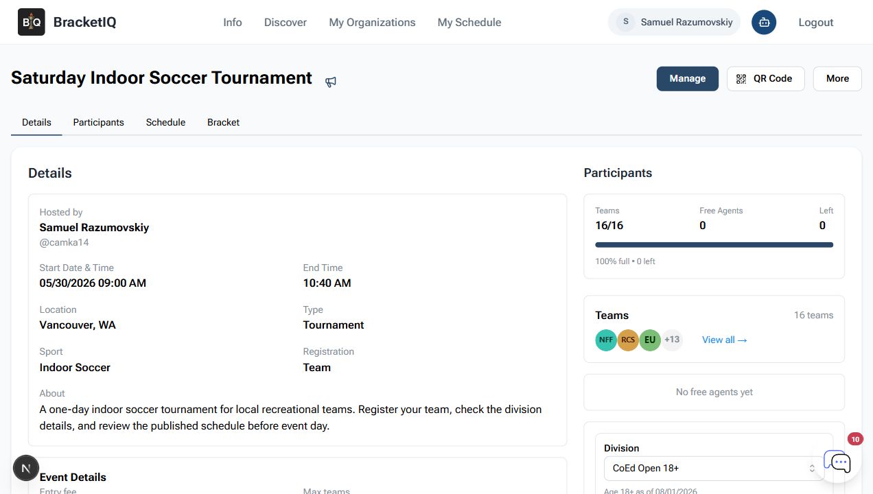 Public BracketIQ tournament page showing participant count and event details
