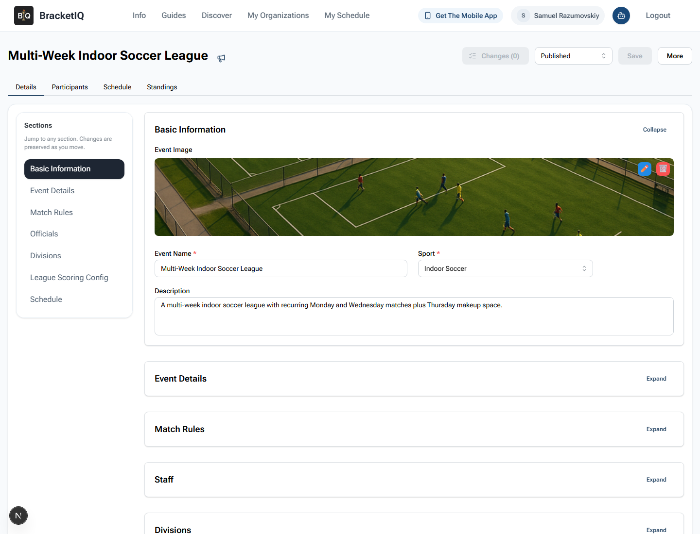 Published BracketIQ league details screen for a multi-week indoor soccer league