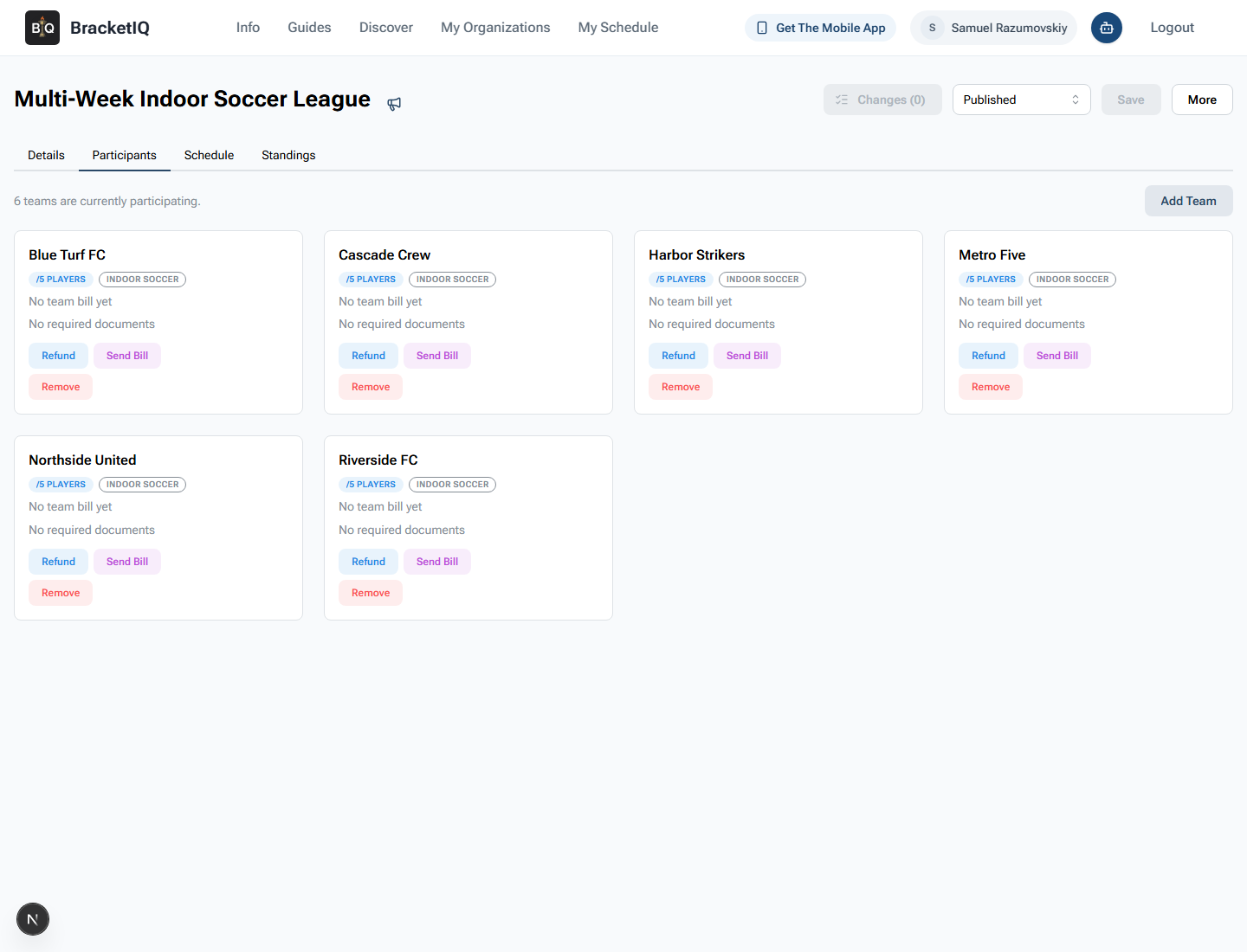 BracketIQ participants tab showing six registered teams in a league