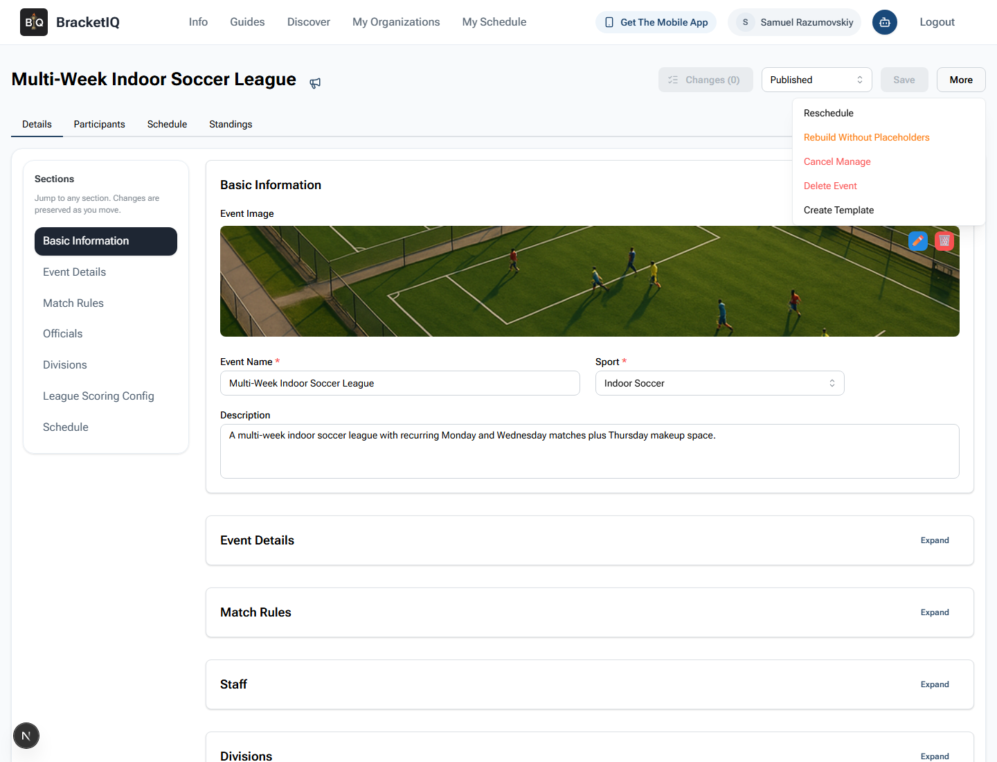 BracketIQ league More menu showing the Reschedule action