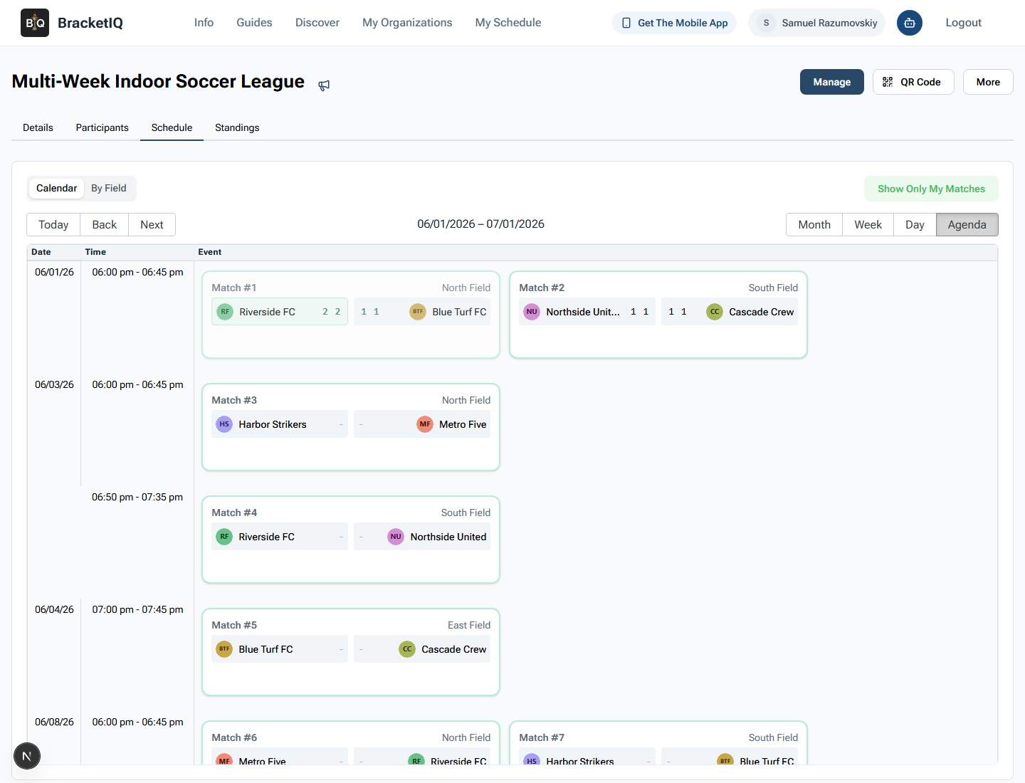 Public BracketIQ league schedule shown in Agenda view for participants