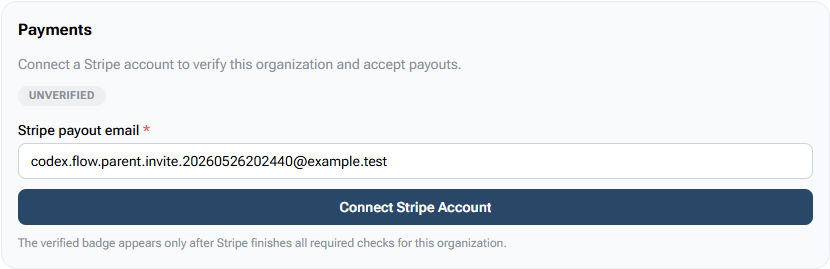 BracketIQ organization Payments card with an unverified Stripe account setup state