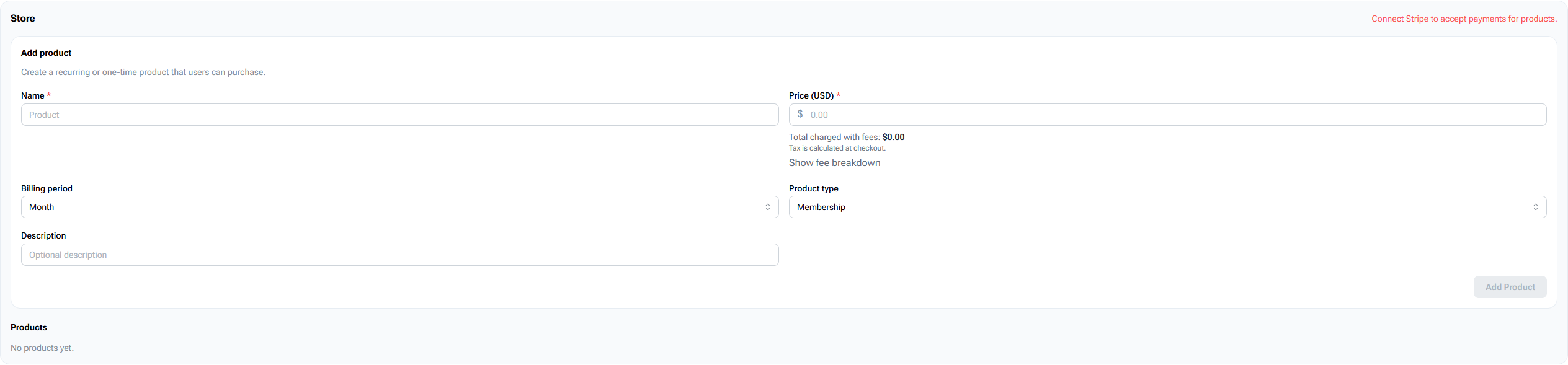 BracketIQ Store tab showing the Connect Stripe payment readiness message for products