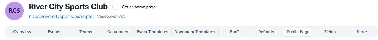 BracketIQ organization dashboard with the Public Page tab selected