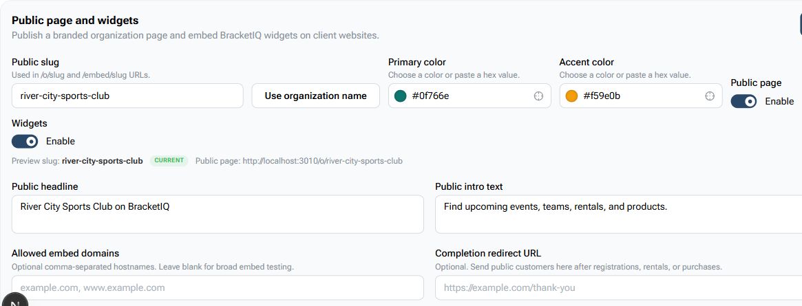 BracketIQ Public Page settings for slug, brand colors, page enablement, widgets, headline, and intro text