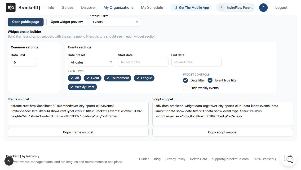 BracketIQ widget preset builder showing public page links, event filters, iframe snippet, and script snippet