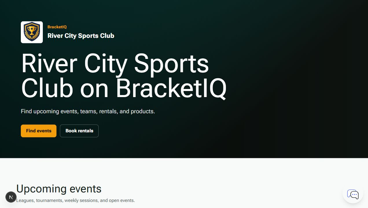 Public BracketIQ organization page for River City Sports Club