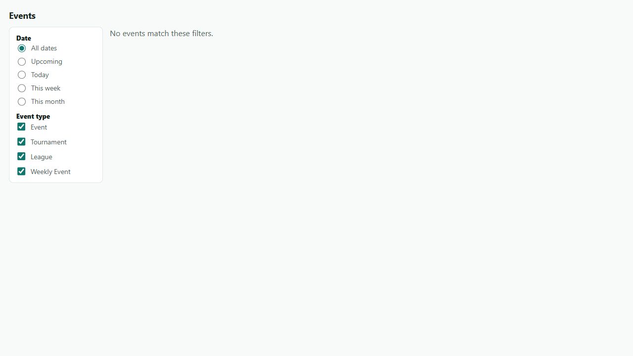 BracketIQ events widget preview with date and event type filters