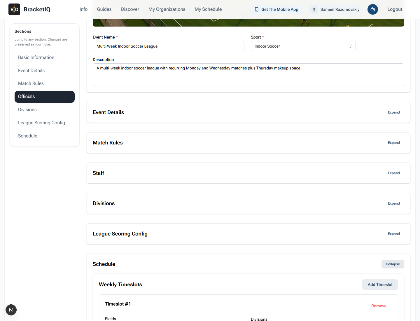BracketIQ weekly league timeslot setup screen