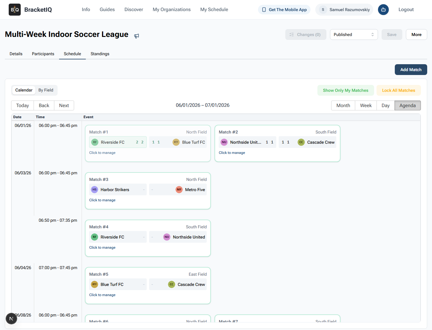 BracketIQ Agenda schedule view showing league match order, times, teams, and court assignments