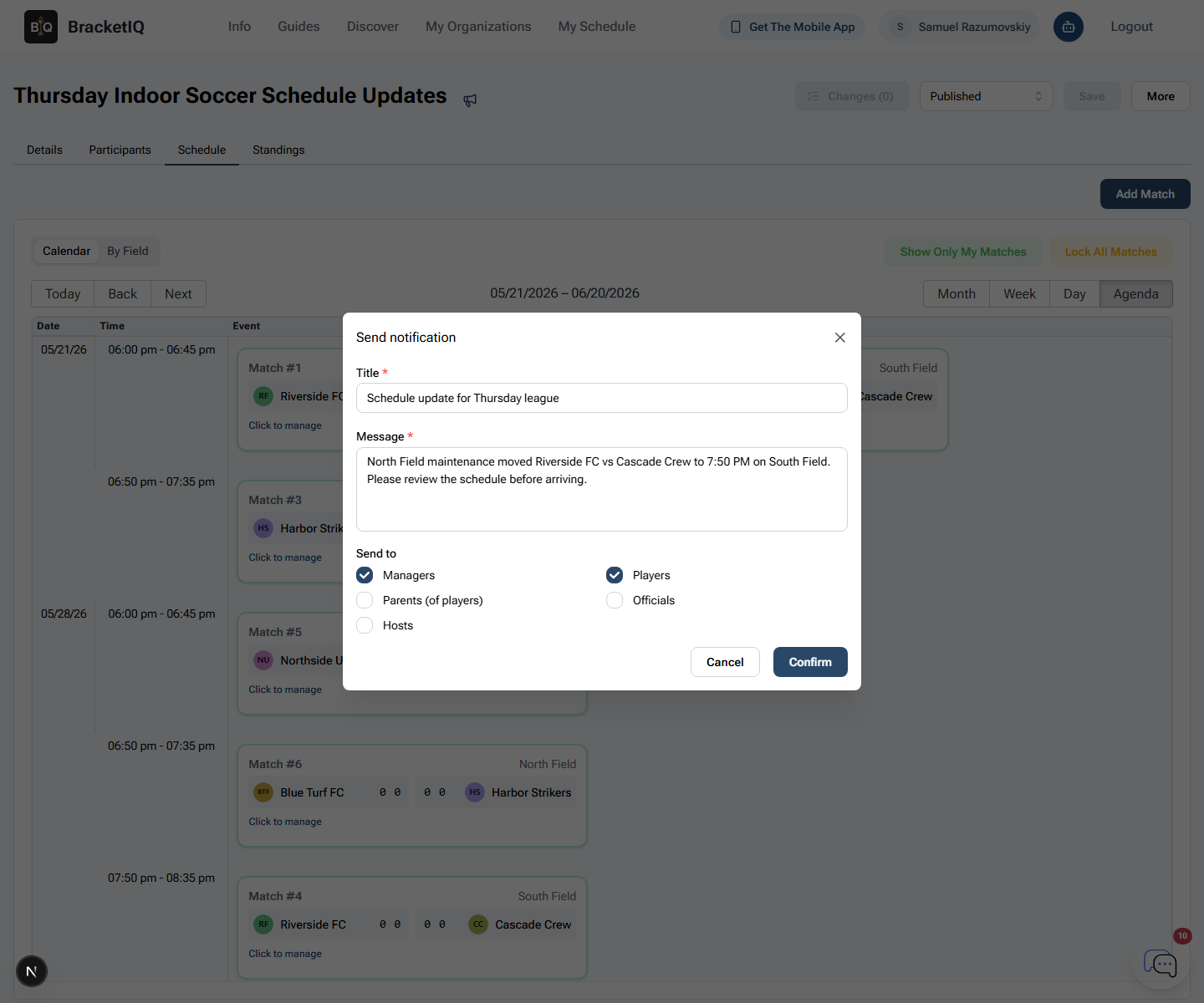BracketIQ notification composer for sending league schedule updates