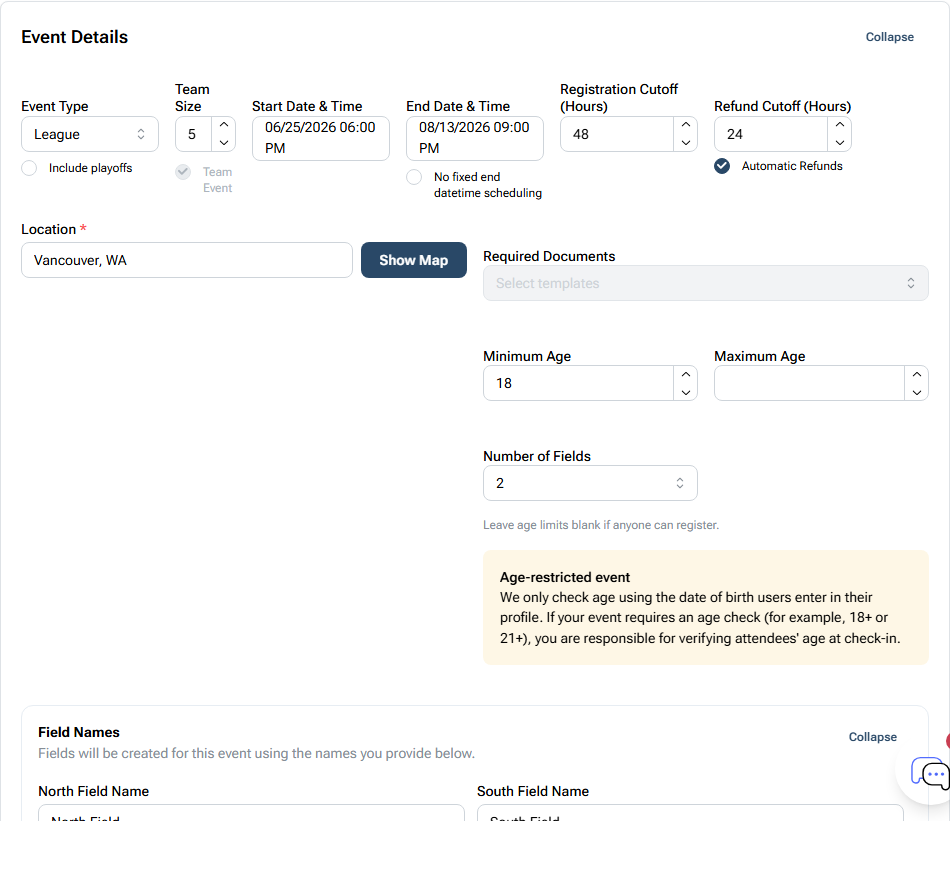 BracketIQ league Event Details showing league type, team registration, team size, registration cutoff, refund cutoff, age limit, and field names