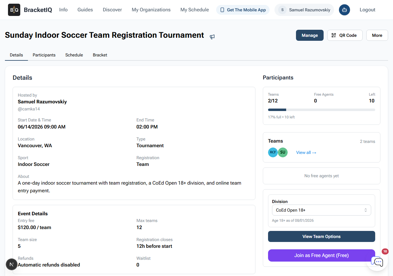Public BracketIQ tournament page showing event details, participant capacity, division selector, team registration button, free-agent path, price, max teams, and registration cutoff