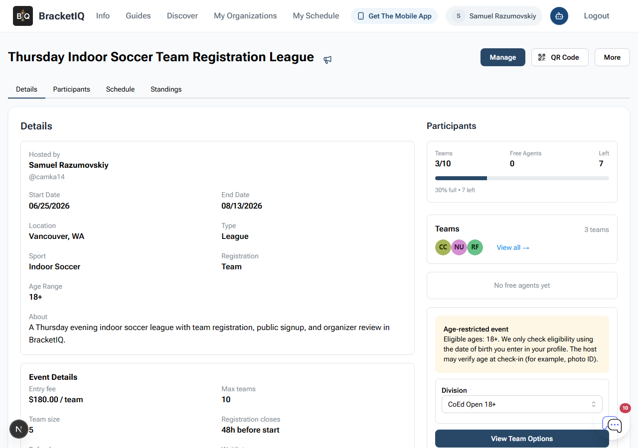Public BracketIQ league page showing team registration details, 3 of 10 teams registered, 180 dollar team entry fee, 48 hour registration cutoff, age-restricted note, division selector, and View Team Options