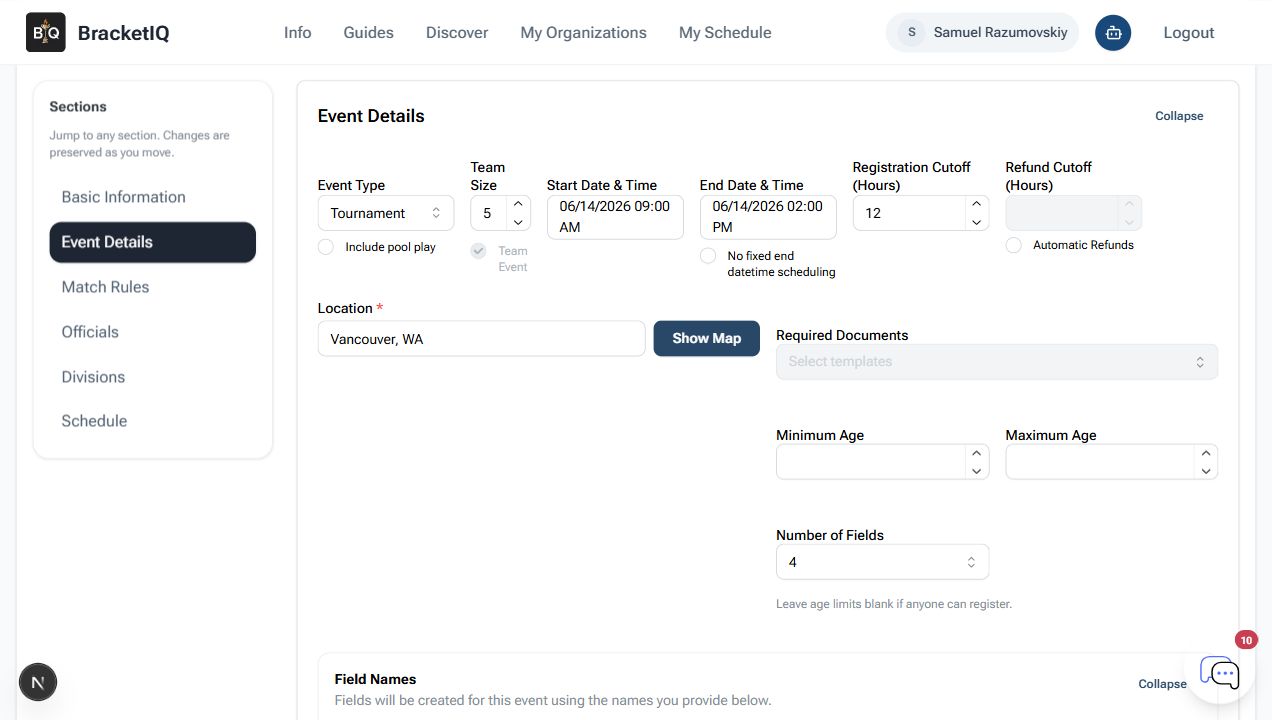 BracketIQ tournament registration settings with tournament type, team size, registration cutoff, location, required documents, and fields